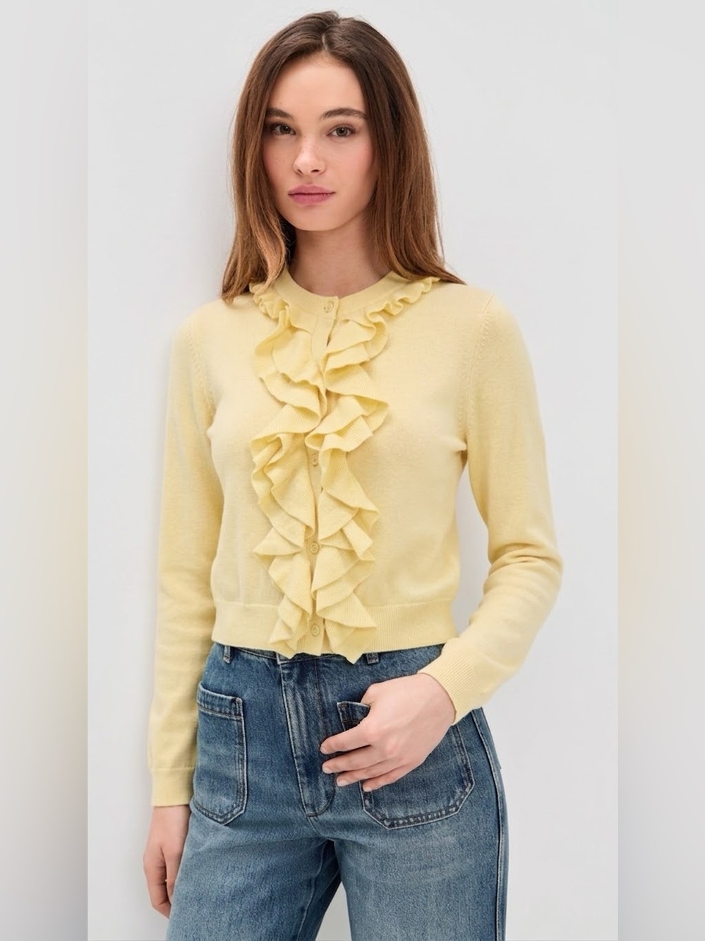 NWT $395 Alice and Olivia Dollie Ruffle Trim Cardigan in Butter